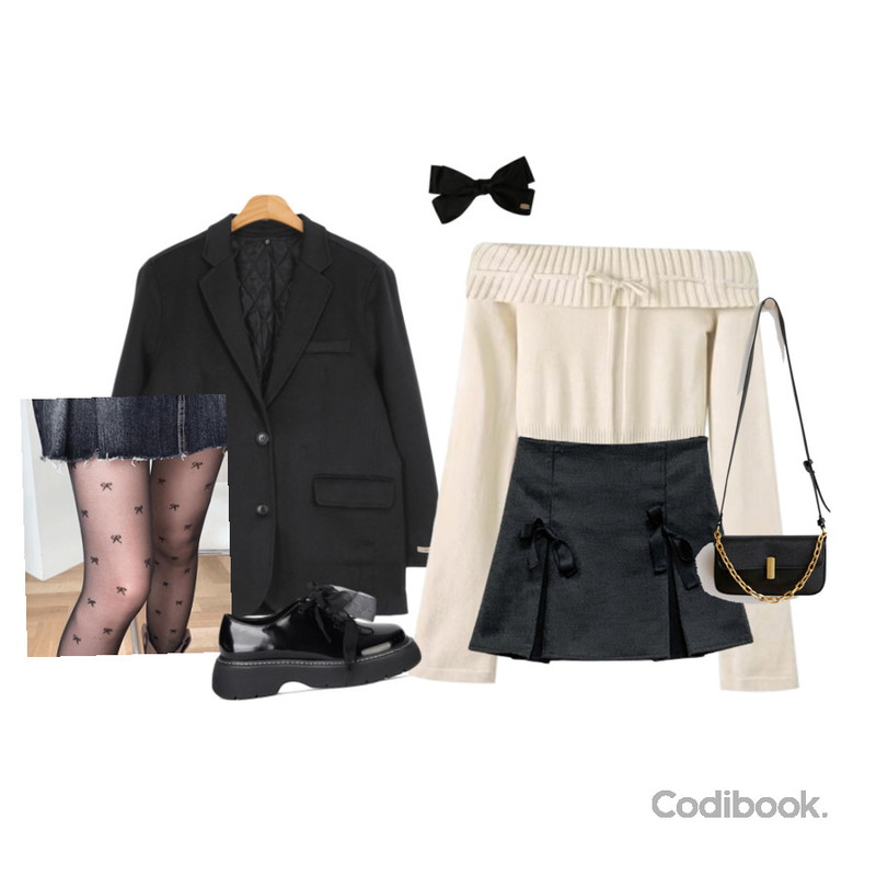 wonderwonder 러지 리본 시스루 롱 팬티 스타킹,secon'de secon 브른 플리츠끈미니 skirt,tipssy eyelet unbalance off shoulder nt (2color)등을 매치한 코디