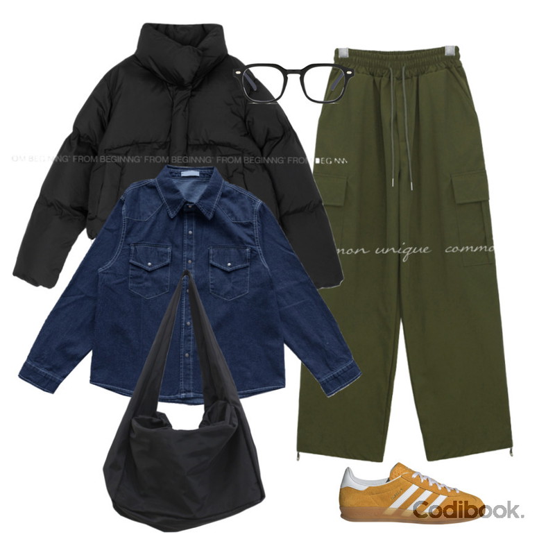 RIGHT HERE 라운드 스퀘어 데일리 뿔테안경 GS85 W,WONLOG 퍼피 스트링 백,DANGDANG GIRL 빅사이즈 55-99 투인 또또 버튼 데님 셔츠 청남방등을 매치한 코디