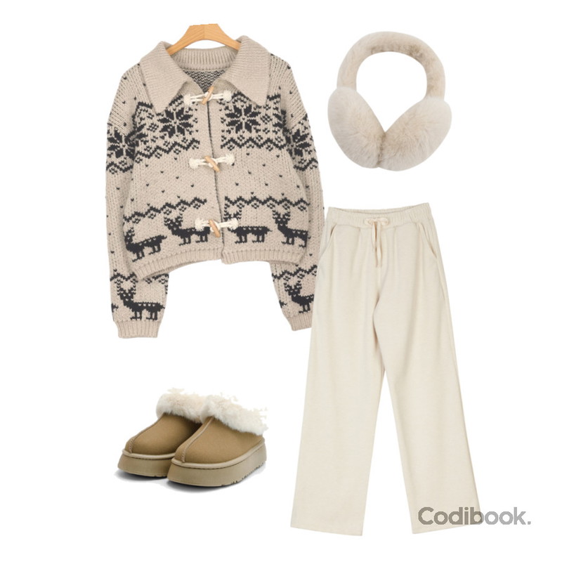 LOVELY SHOES 마요라 숏 퍼 부츠 5cm,porterna 더트 라운지 팬츠,frenchaube 페니 노르딕 떡볶이 겨울 크롭 니트 가디건(3color)등을 매치한 코디