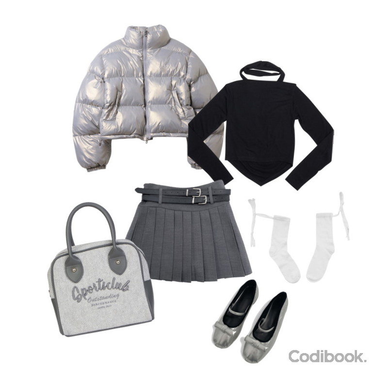 NONCODE 잉클 X 스트랩 삭스,porterna 쥬니아 토트 백,Fresco 레드릭 셔링 초커 세트등을 매치한 코디