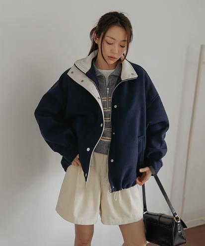 헤츠 루즈 스트링 하이 넥 하프 점퍼 (봄/간절기/루즈 핏/오버 사이즈/배색/숏 아우터/야상/캐주얼/네이비/그레이/크림)
