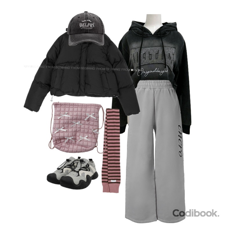 DAILYJOU 핀터드 메쉬 스트링 스니커즈 - 3 color,lesshook 클라이 리본 스트링 백팩,From Beginning 로벨 웰론하이넥패딩 (4color)등을 매치한 코디
