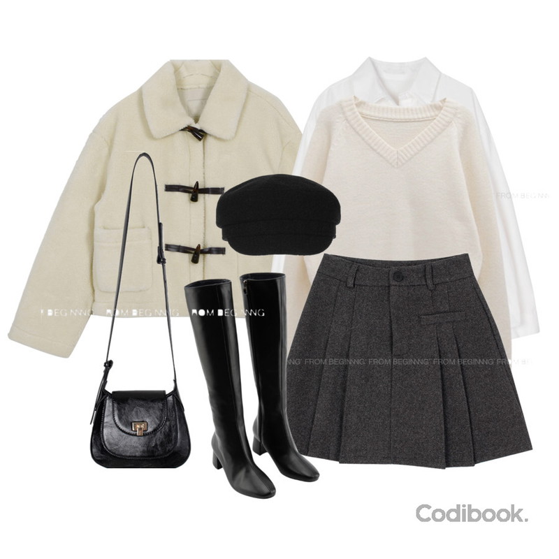 FloridaStudio 플로리다스튜디오 안젤리카 5CM 롱부츠 미드나잇블랙,binary01 밍키 더플 퍼 코트 (당일),porterna 보스턴 베레모등을 매치한 코디