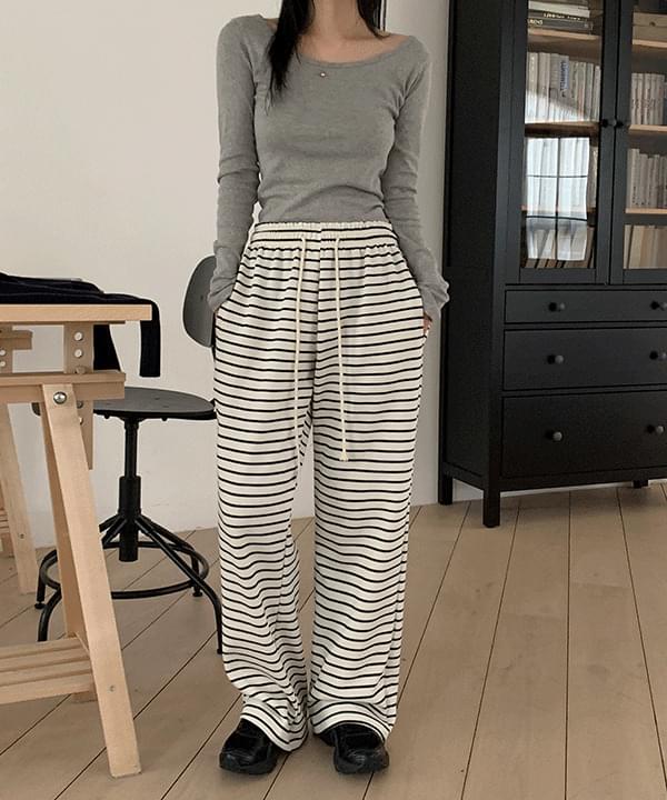 Twilly Fleece-lined banding Striped wide pants -2color