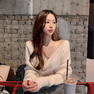 V-Neck button wrap cardigan knitwear Loose-fit hachi Ribbed off shoulder hem uneven knit blouse spring mid-season