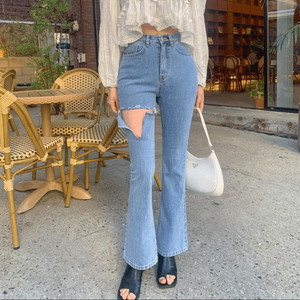 Damaged Faded waist tight Spandex long high waist Flared denim pants Light Blue jeans light blue dark Dark Blue SML