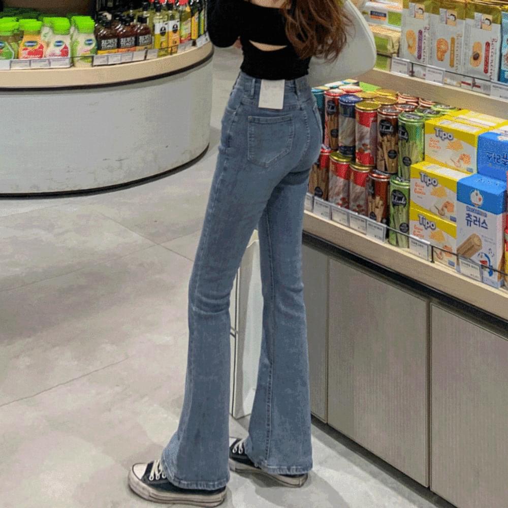 Sabang Spandex high waist long Flared jeans cat brush Faded trumpet denim pants Blue blue SML