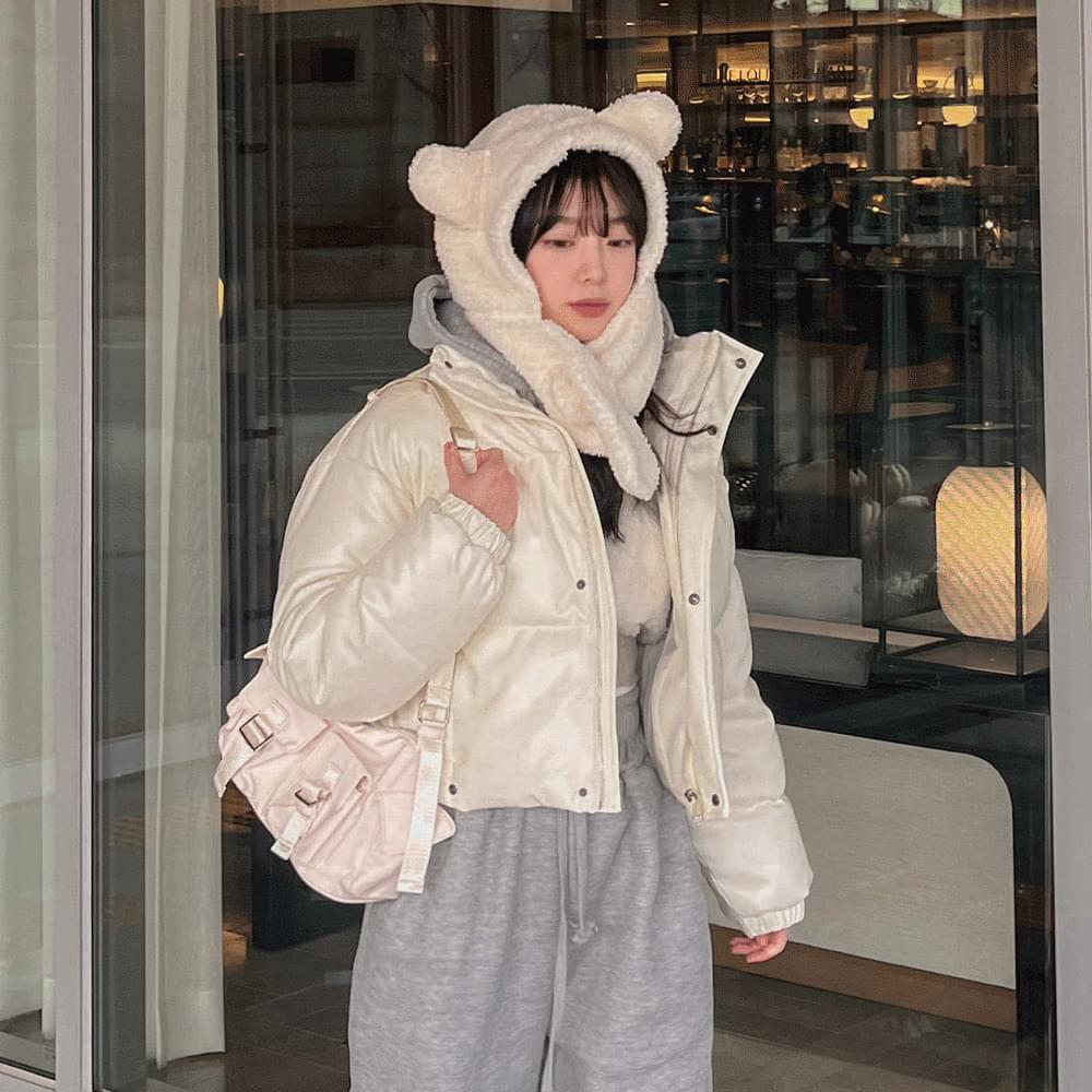 High neck, bread, wellon, matte leather, leather crop, short, padding, banding, zipper, hidden button pocket, glossy, winter outerwear Jacket, daily 4COL.