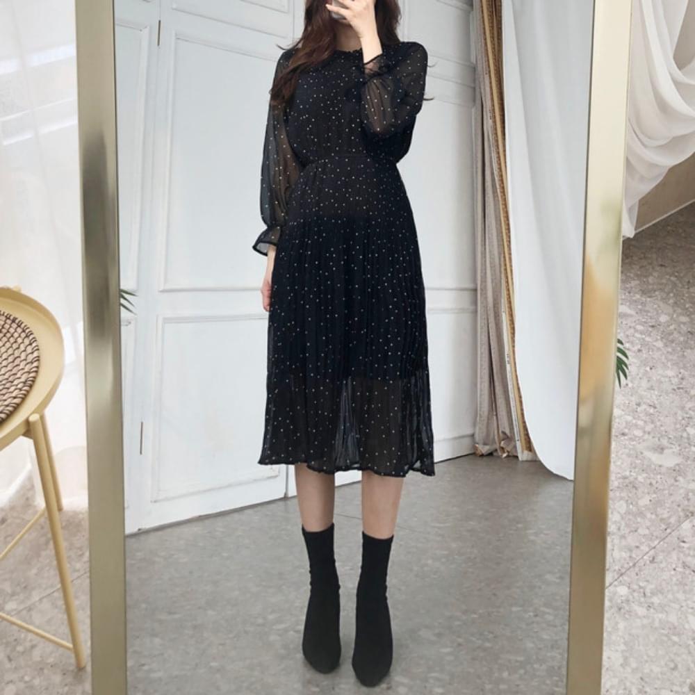 Dot pleated chiffon see-through long Dress wine / black / beige / navy