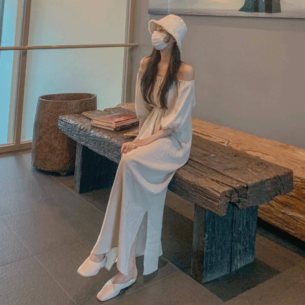 MADE Loose-fit linen balloon shirring ribbon belt waistband strap maxi short sleeve round neck long Dress wedding guest look