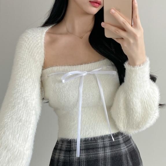 Planning Ribbon Tube Top Bolero Set Fake Angora Bolero Fur Cardigan Fur Bolero Ribbon Top Set Angora Top Year-end Look Party Look (Ships Today)