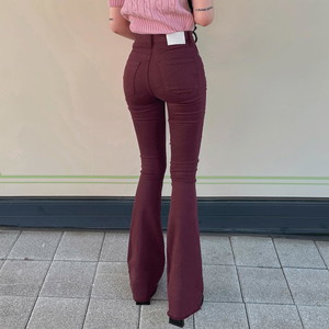 Autumn Life Fit Flared High Waist Pants Spandex Cotton Pants All Seasons Burgundy Brown Khaki Gray SML