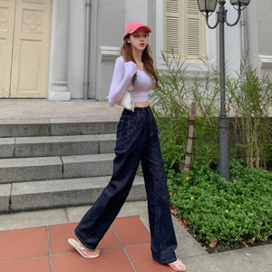 Raw Denim Stitch Pintuck Wide Raw Denim Pants Jeans High Waist Boy Fit All Seasons Long Wide Denim SML