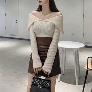 Yeori Sailor Collar Ribbed - V-Neck Slim Knitwear Off Shoulder Knit Tee Blouse 5col