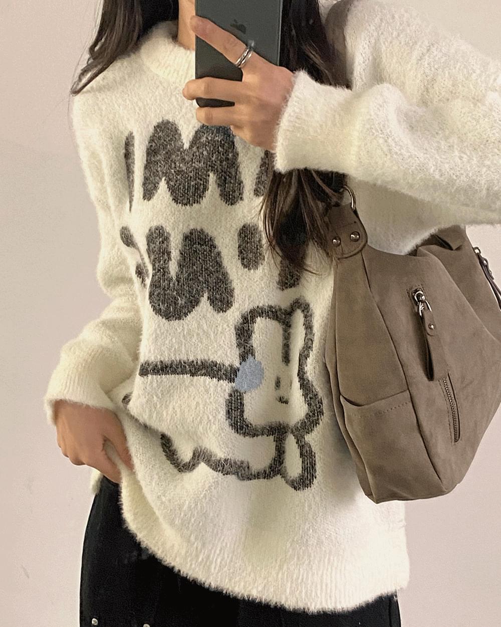 Moran Rabbit Rabbit Ink Lettering Loose-fit Angora Long Sleeve Knitwear 