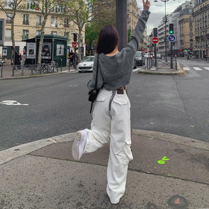 Corduroy wide cargo long pants golden pocket high waist overfit boxy Boxy-fit cotton puffy pants white navy SML