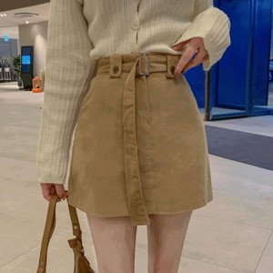 Cinch waist vintage golden belt set corduroy mini skirt cotton skirt dark beige charcoal black