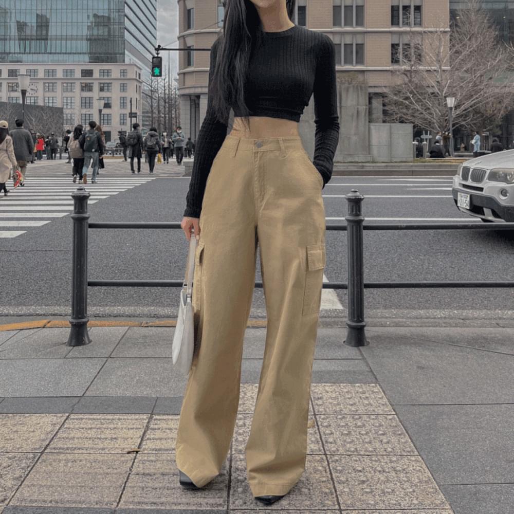 Hip fit long cargo wide cotton pants high waist cargo pants straight fit cotton pants 2 colors