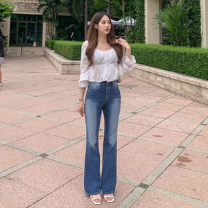 Y2K Unique Hip White Faded Long Wide Pants Slim Semi Flared High Waist Autumn Cotton Denim Pants Dark Blue