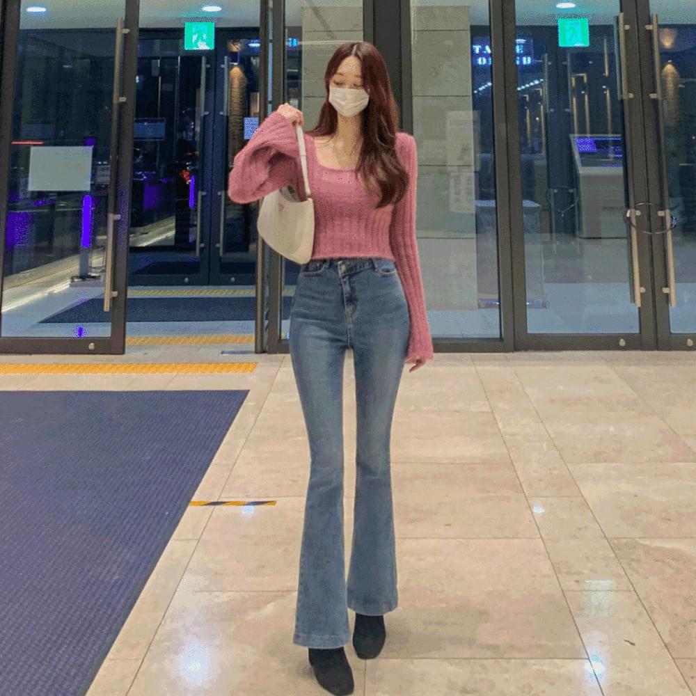 Waist point diagonal uncut button high waist Spandex long Flared jeans denim pants wide pants