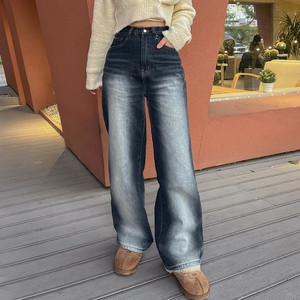 Life Wide Deep Brush Faded Fleece-lined Denim Pants High Waist Long Vintage Short Girl Tall Girl Jeans Short Basic Long