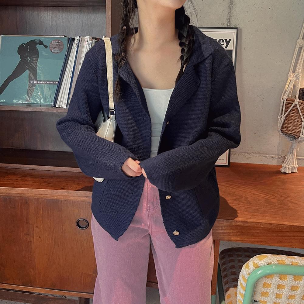 Overfit wool Knitwear V-Neck collar cardigan hachi waffle fall/winter flab cover inter-season gold button Loose-fit jacket wedding guest look