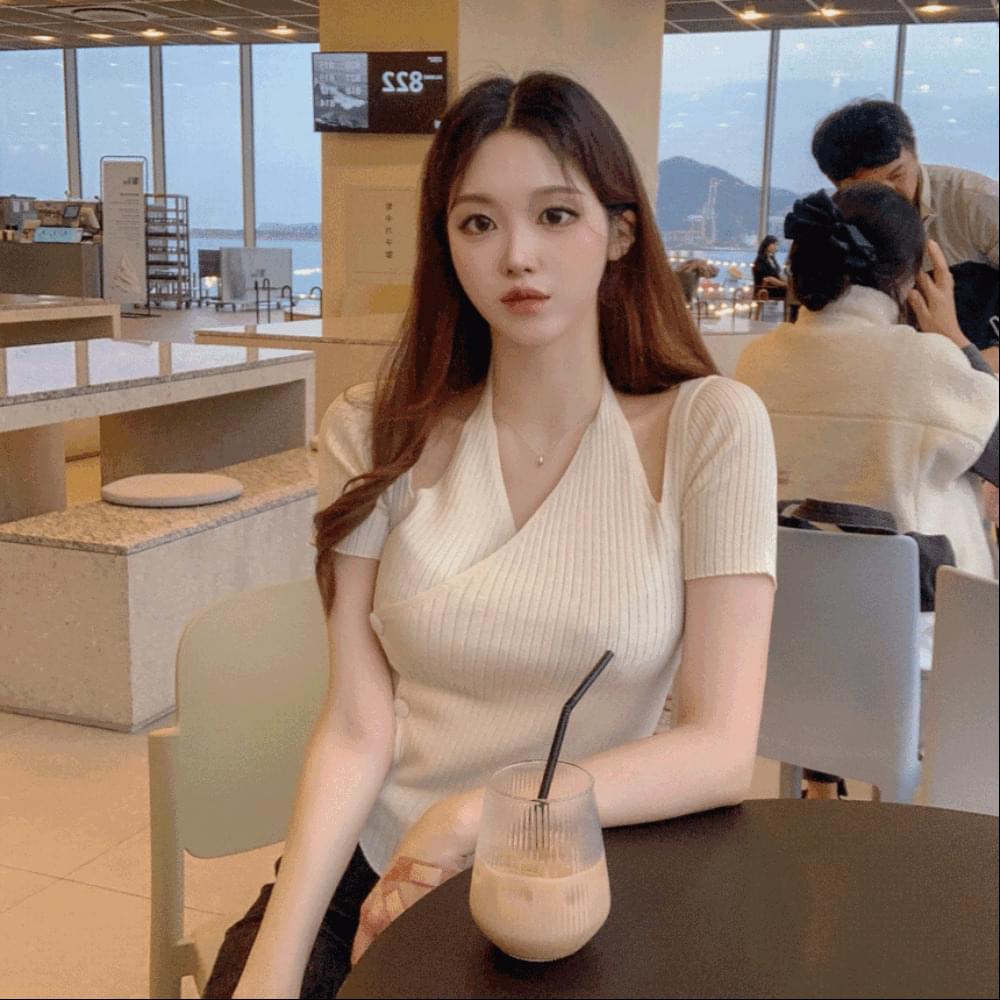 Glam fit halterneck wrap cross Ribbed diagonal button short sleeve crop slender glam shoulder slit Knitwear t-shirt 5color