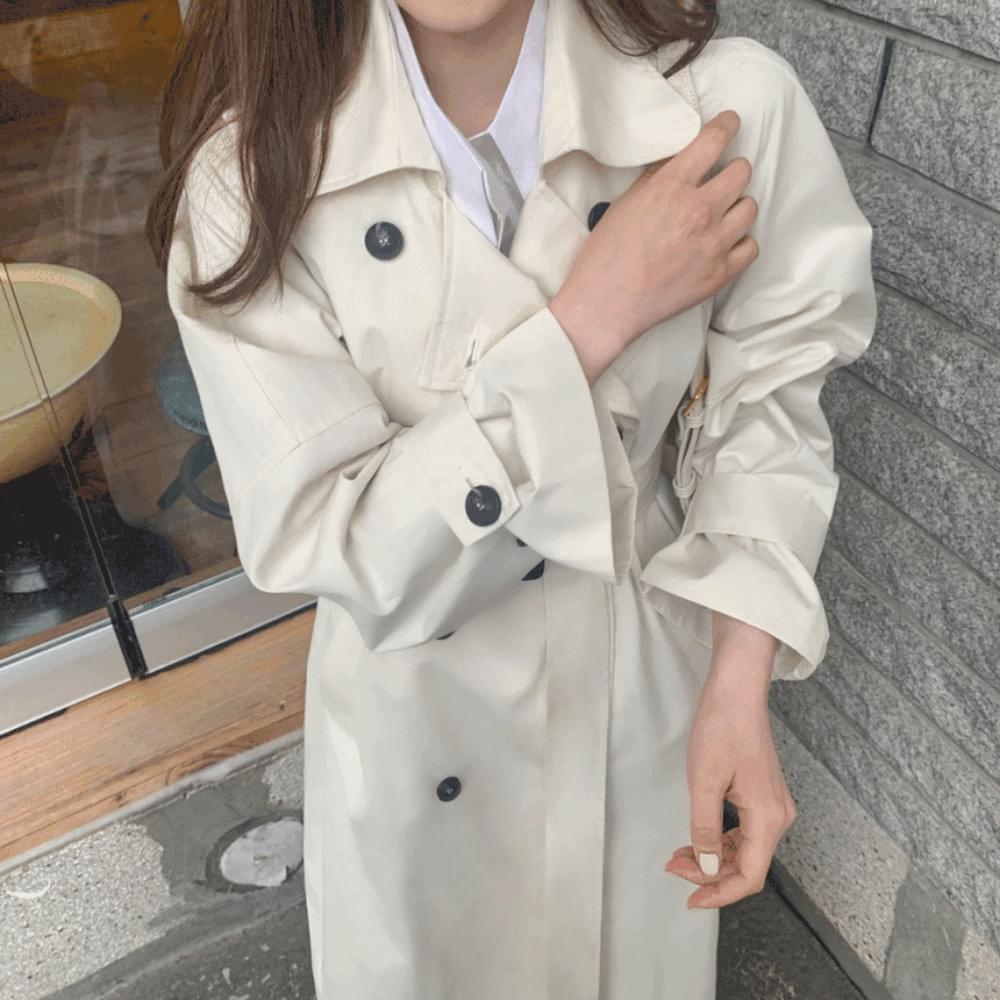 Trench restaurant Loose-fit balloon sleeve button belt long trench coat office wedding guest look double cotton barbarian spring jacket 4col