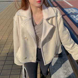 Sleek fit tumbled fleece puffy collar Shearling Split loose Loose-fit high neck buckle double button suede winter jacket ivory brown