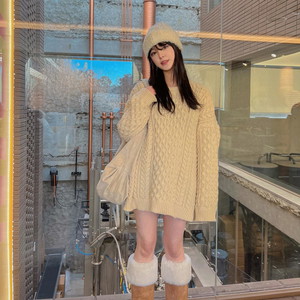 Thick Bok-dak Twisted Round Neck Long Loose-fit Long Knitwear Winter Sweater Mini Dress T-shirt Vintage Lovely