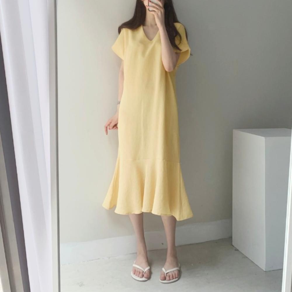 Loose-fit linen summer flare V V-Neck sleeve long Dress yellow orange black pink