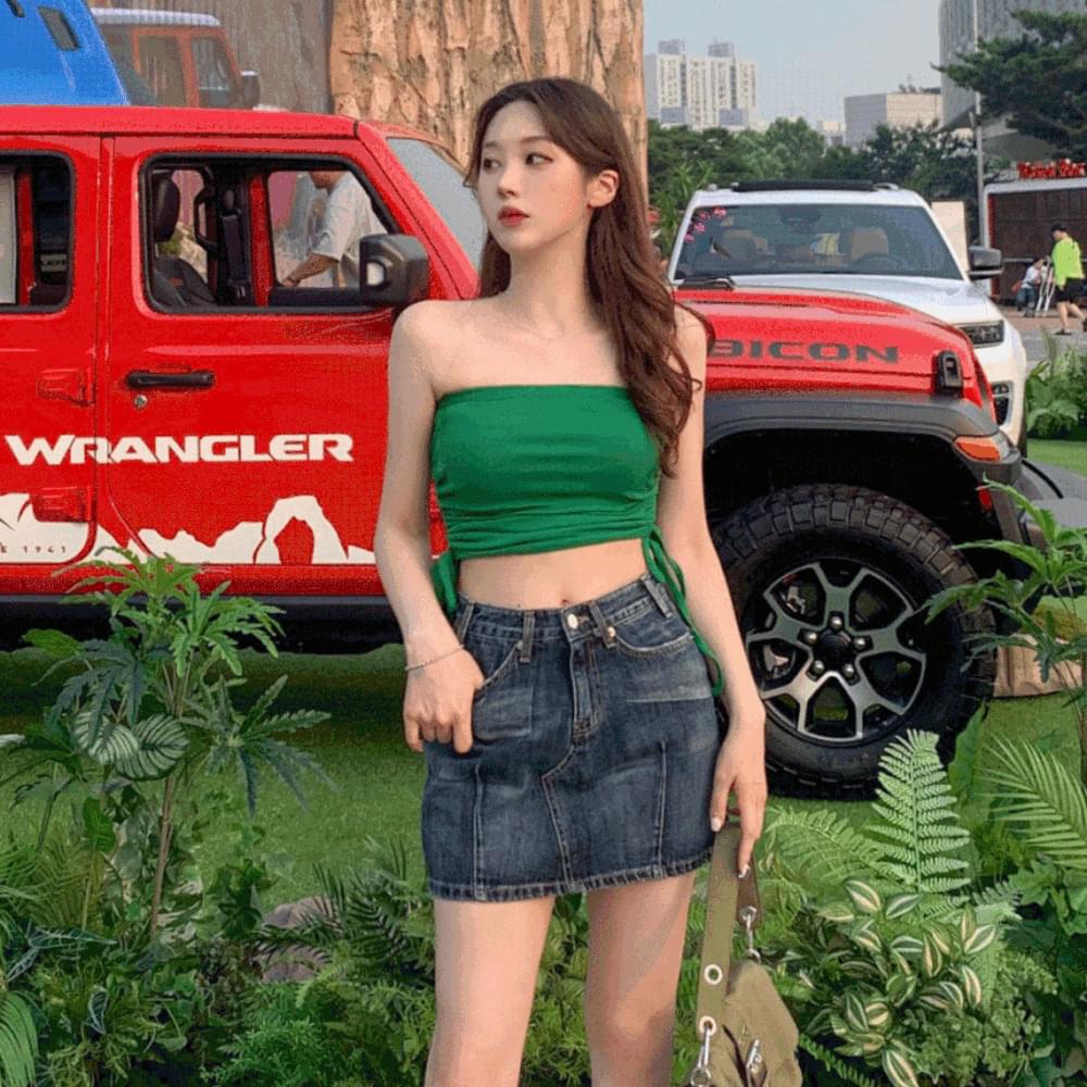 Split H-line low-rise point Faded low-waist summer denim skirt micromini low-rise mini pocket denim skirt denim skirt four-season coordination item daily look Dark Blue blue 3 size