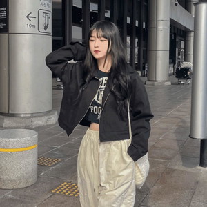 Two-way Loose-fit collar half zip-up denim bomber jacket cotton cotton stitching blouson overfit daily spring fall Jacket black ivory