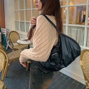 Satin Glossy Buckle Belt Padded Shoulder Bag Shirring Pleated Tote Bag Hobo Bag Handbag Mini Bag Silver Bag Bag Black Ivory Silver Khaki