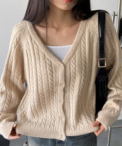 Lemon V-Neck plain Twisted wool Knitwear cardigan 3 colors