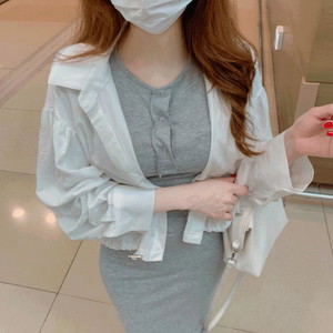 Daily string two-way Loose-fit collar crop long-sleeved shirt windbreaker semi-crop plain Shirt see-through crop field jacket inter-season outerwear white dark beige