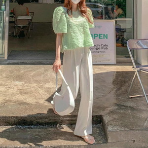 Wide straight long slacks with a rustling sound Spring coordination Ivory Black Beige Brown S M L