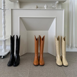 Trendy long leg fit leather round nose V cut western long boots high boots beige brown black