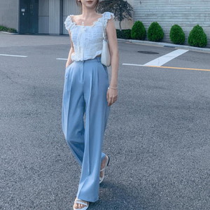 Fit Guaranteed Hooded Chalang Fabric High Quality Summer Two Pin Tuck Straight Pocket Slacks High Waist Long Wide Pants