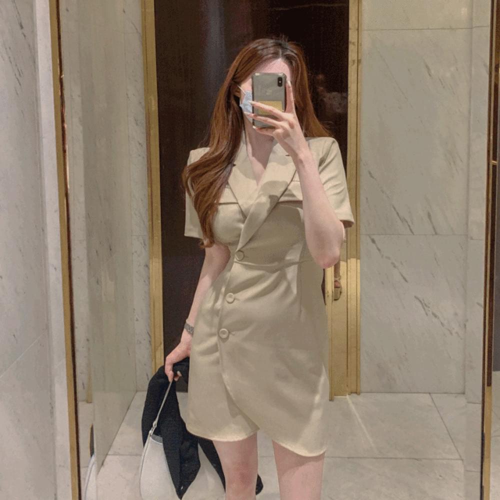 Slim Spandex wrap short sleeves that fit my body A-line H-line mini Dress collar V-Neck summer office look suit beige Sora SM