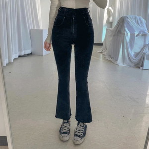 Fleece-lined two-button high waist long Flared jeans cutting Spandex denim pants SML