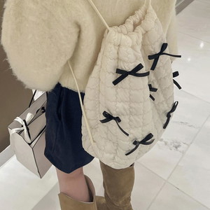 Trendy Ribbon Quilting Padding Faux Fur String Backpack Mini Bag Winter Bag Kitsch High Teen Unique Black Ivory Sky Blue Pink