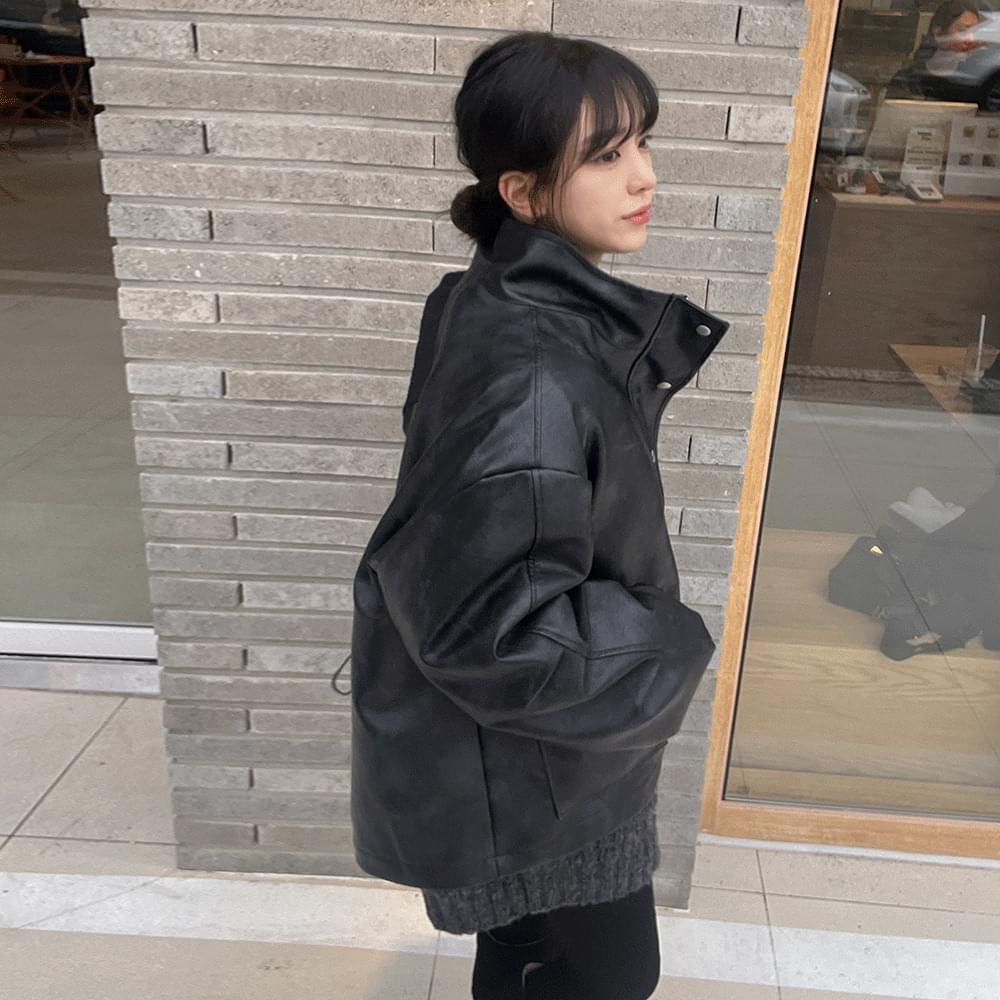 Overfit fleece puffy leather Jacket high neck dumble string half Loose-fit leather jacket casual daily look maroon black 2COL