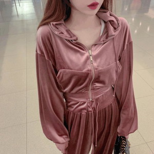 Kuanku Velvet Velor Crop Hooded Zip Up + Long High Waist Satin Banding Pants Training Set High Teen 4col