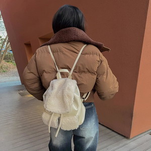Fleece puffy color combination backpack fur strap string two pocket string Shearling fur mini shoulder bag tote bag baby casual fall winter bag