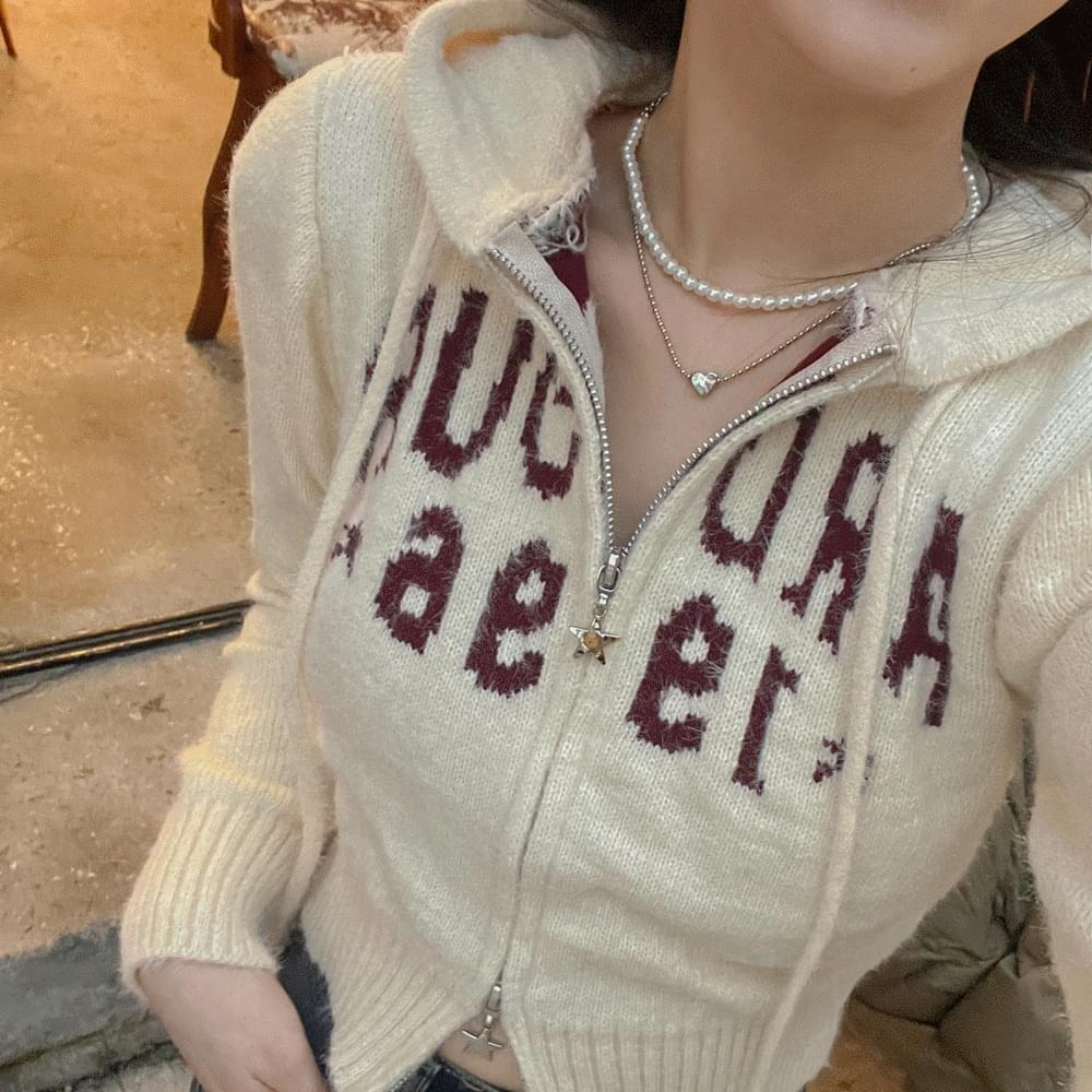 Two-way Angora Star Knitwear Cropped Hood Zip-up Star Long Sleeve Jacket Lettering Zipper Cardigan Retro Street Hip Teen Kitsch 3col