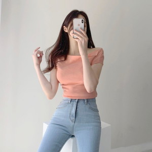 Summer Unsealed Off Shoulder Cap Sleeve Slim Fit Knitwear Peach Red Yondu Sora White Black