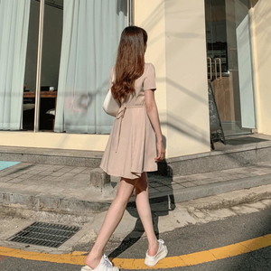 MADE Charurur Sky Sky Collar Button Cotton A-line Short Sleeve Mini Shirt Dress Waist Strap Cherry Blossom Look Flower Play Look Date Look Guest Look 6 Colors