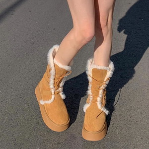Suede lace-up chunky heel ugg long wool boots fur shoes high heel walker strap beige 5SIZE