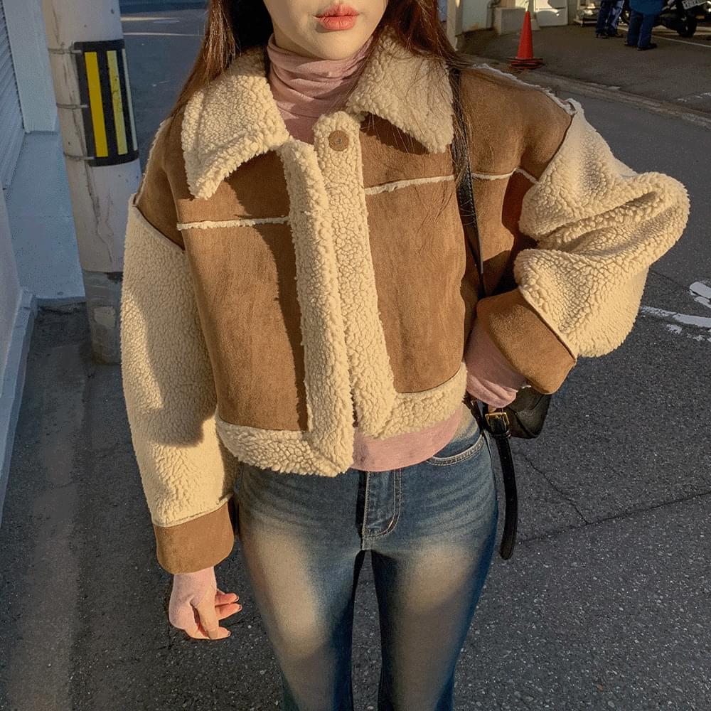 Unfolded, full lining, fleece foam, suede crop , Shearling dumble short jacket, single collar, winter outerwear, 2COL